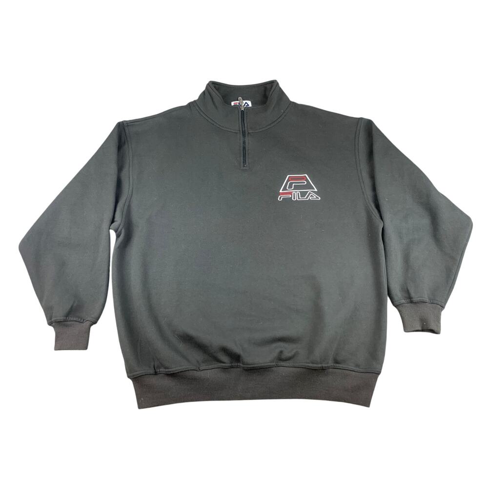 Fila Men Large Black Quarter-Zip Sweatshirt Cotton Blend Cool Logo